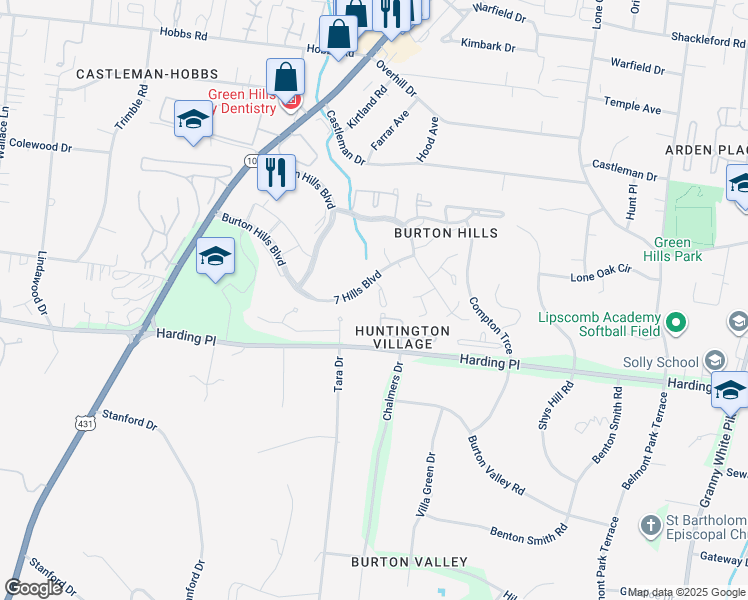 map of restaurants, bars, coffee shops, grocery stores, and more near 112 Ashlawn Court in Nashville