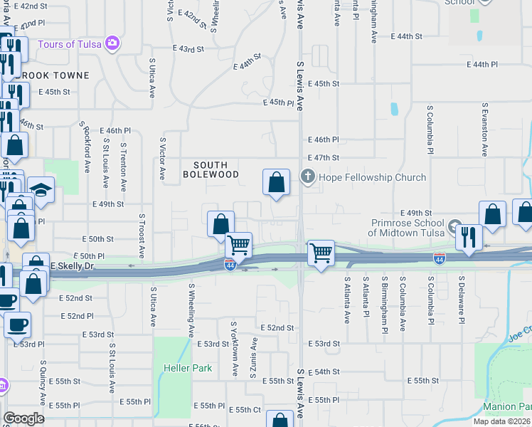 map of restaurants, bars, coffee shops, grocery stores, and more near 4870 South Lewis Avenue in Tulsa