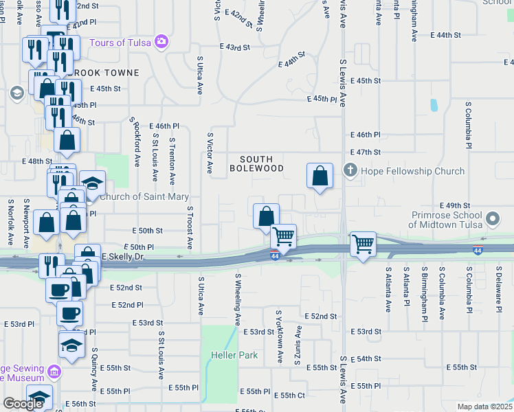 map of restaurants, bars, coffee shops, grocery stores, and more near 4810 South Wheeling Avenue in Tulsa
