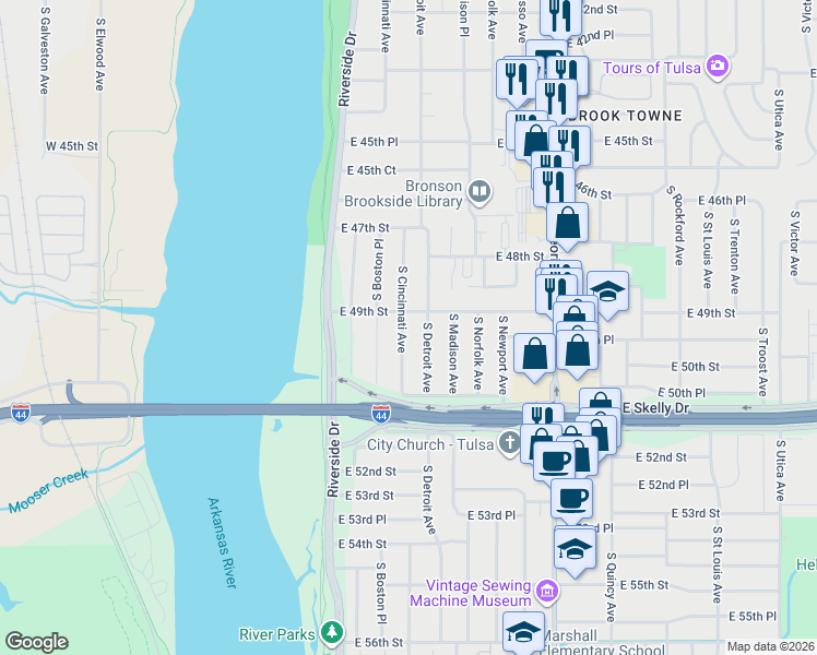 map of restaurants, bars, coffee shops, grocery stores, and more near 4902 South Cincinnati Avenue in Tulsa