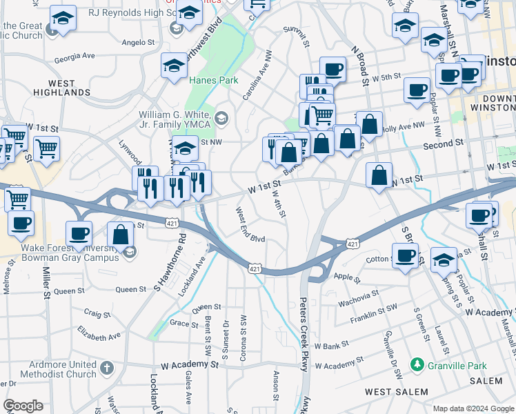 map of restaurants, bars, coffee shops, grocery stores, and more near 125 Piedmont Avenue in Winston-Salem