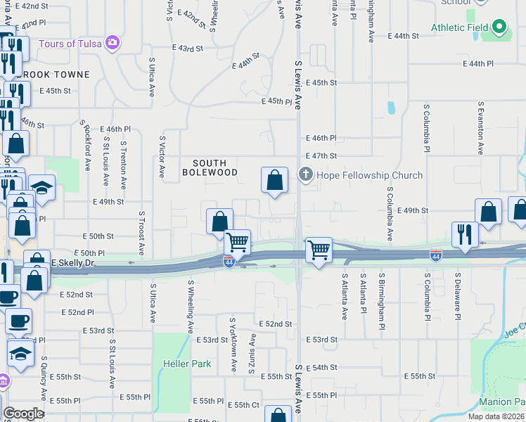 map of restaurants, bars, coffee shops, grocery stores, and more near 4870 South Lewis Avenue in Tulsa