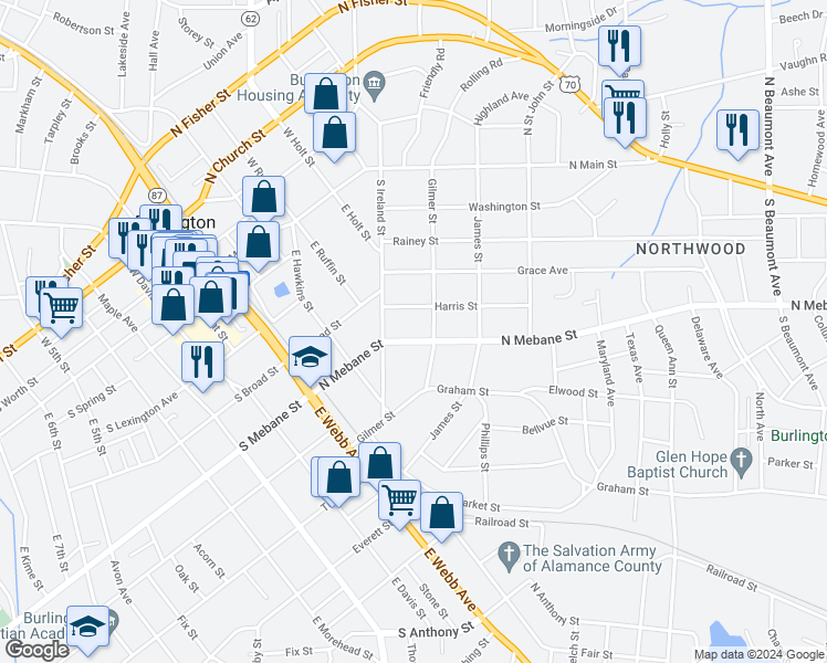 map of restaurants, bars, coffee shops, grocery stores, and more near 616 North Mebane Street in Burlington