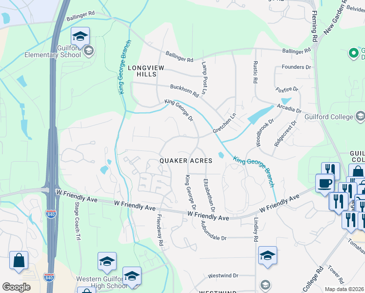 map of restaurants, bars, coffee shops, grocery stores, and more near 800 Gretchen Lane in Greensboro