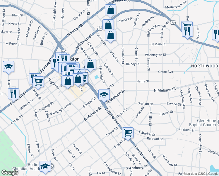 map of restaurants, bars, coffee shops, grocery stores, and more near 316 East Hawkins Street in Burlington