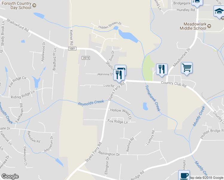 map of restaurants, bars, coffee shops, grocery stores, and more near 4389 Styers Ferry Road in Winston-Salem