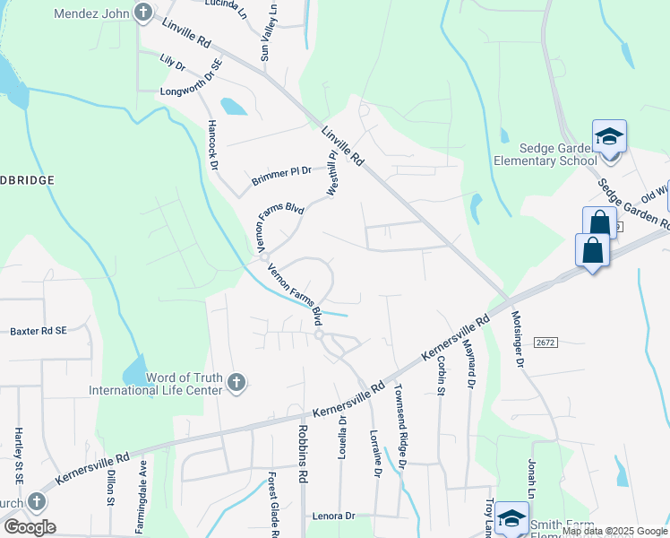 map of restaurants, bars, coffee shops, grocery stores, and more near 4515 Vernon Circle Southeast in Kernersville