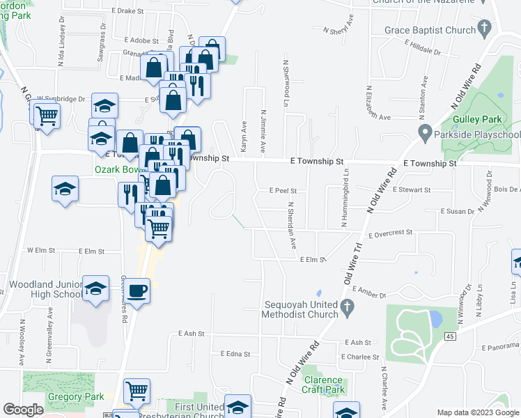 map of restaurants, bars, coffee shops, grocery stores, and more near 801 East Windy Hill Street in Fayetteville