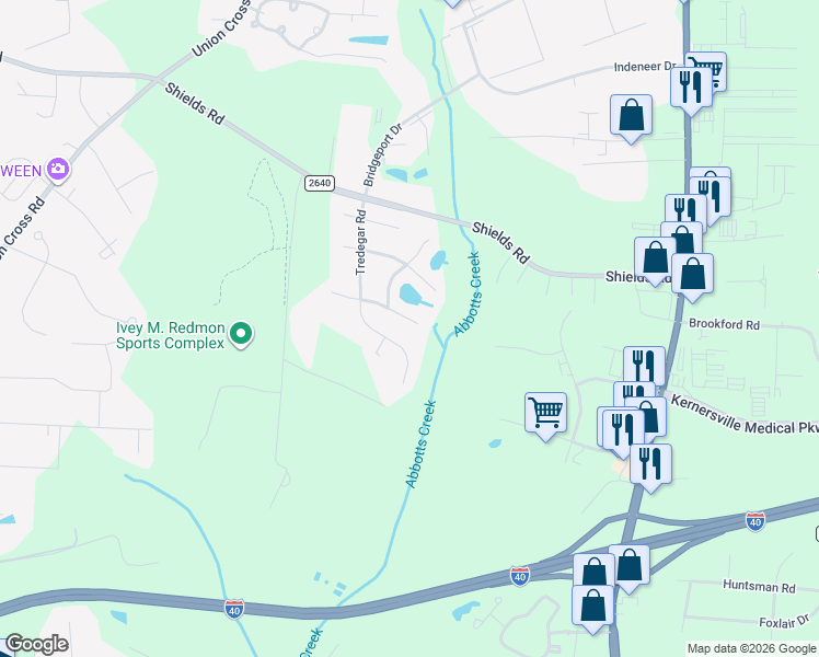 map of restaurants, bars, coffee shops, grocery stores, and more near 1333 Whitworth Court in Kernersville