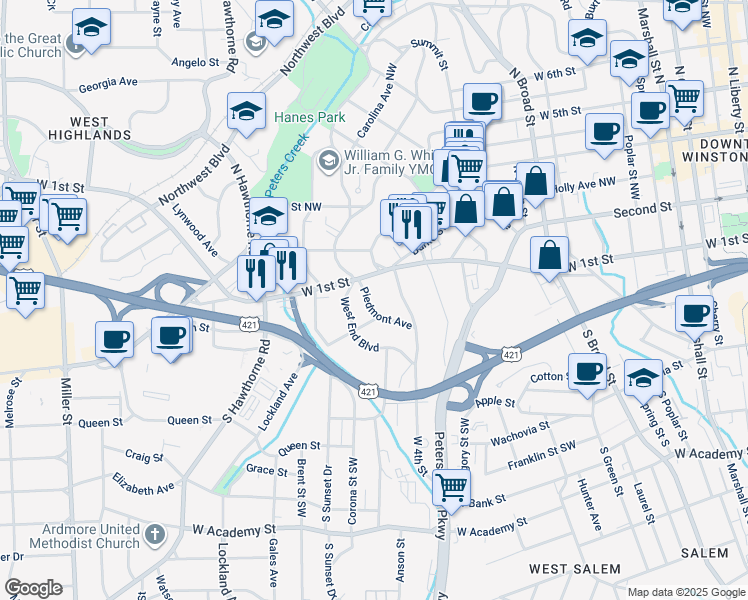 map of restaurants, bars, coffee shops, grocery stores, and more near 125 Piedmont Avenue in Winston-Salem