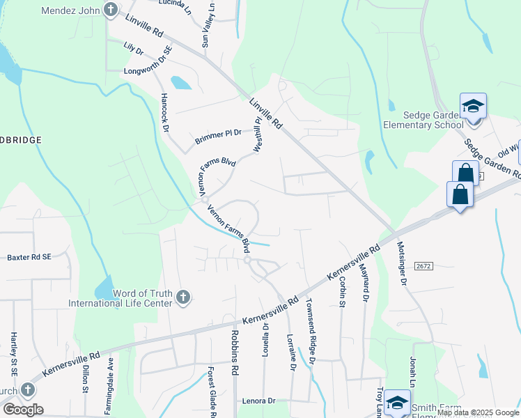 map of restaurants, bars, coffee shops, grocery stores, and more near 4515 Vernon Circle Southeast in Kernersville