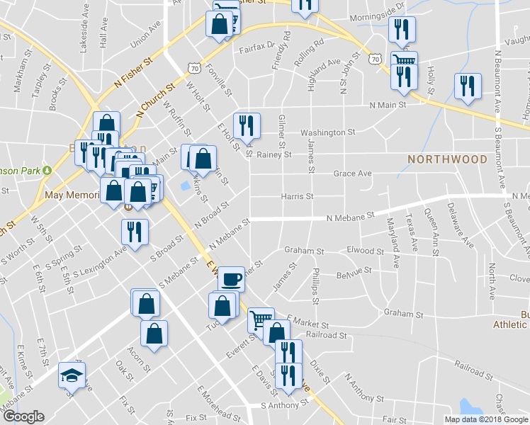 map of restaurants, bars, coffee shops, grocery stores, and more near 612 North Mebane Street in Burlington
