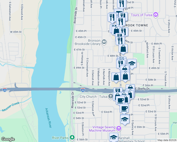 map of restaurants, bars, coffee shops, grocery stores, and more near 4902 South Cincinnati Avenue in Tulsa