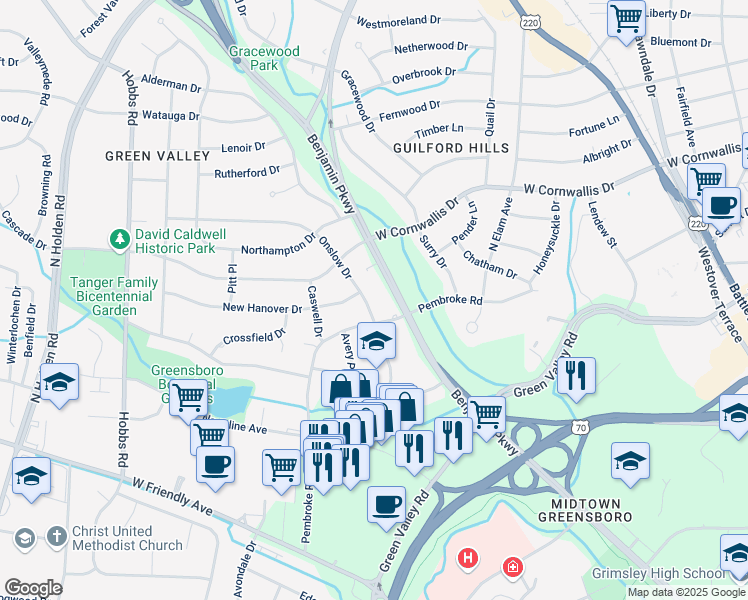 map of restaurants, bars, coffee shops, grocery stores, and more near 1009 Benjamin Parkway in Greensboro