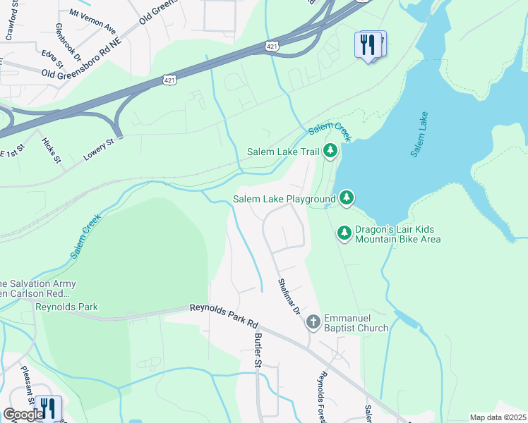 map of restaurants, bars, coffee shops, grocery stores, and more near 997 Woodleaf Court in Winston-Salem
