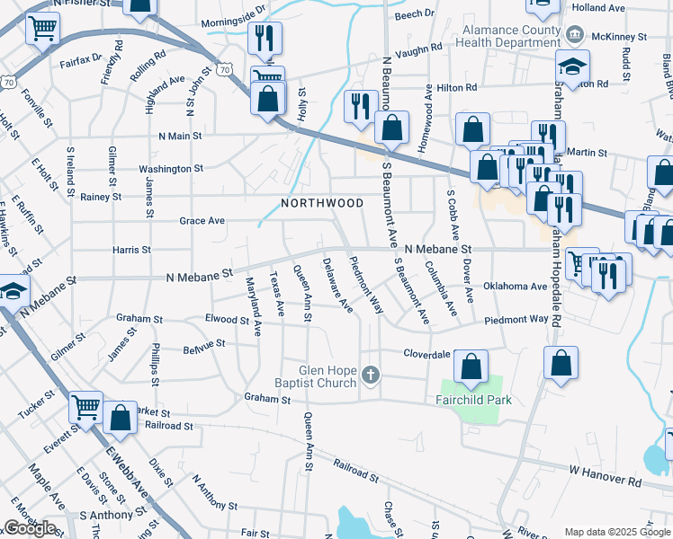 map of restaurants, bars, coffee shops, grocery stores, and more near 507 Piedmont Way in Burlington