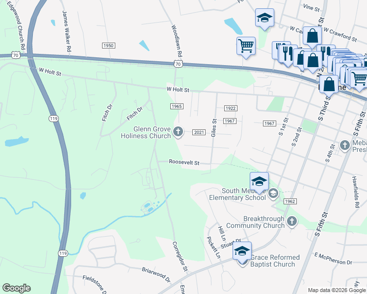 map of restaurants, bars, coffee shops, grocery stores, and more near 727 Vance Street in Mebane