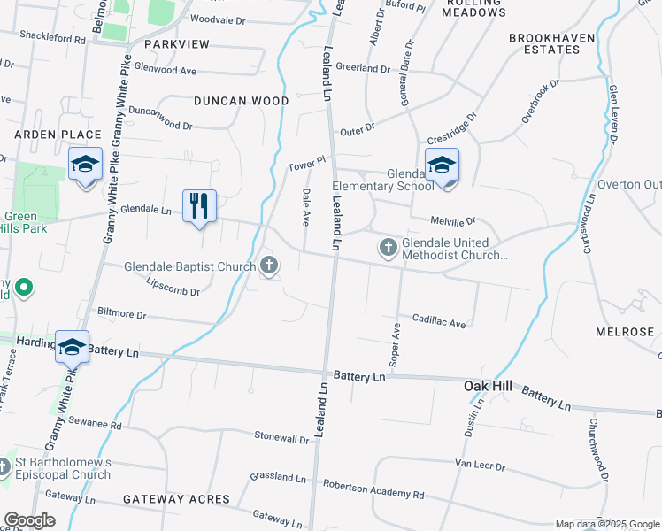 map of restaurants, bars, coffee shops, grocery stores, and more near 4322 Lealand Lane in Nashville