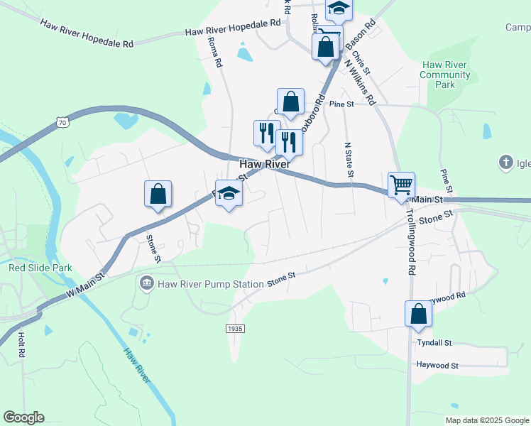 map of restaurants, bars, coffee shops, grocery stores, and more near 125 Ferris Street in Haw River