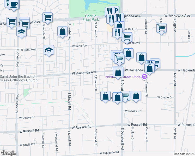map of restaurants, bars, coffee shops, grocery stores, and more near 5055 West Hacienda Avenue in Las Vegas