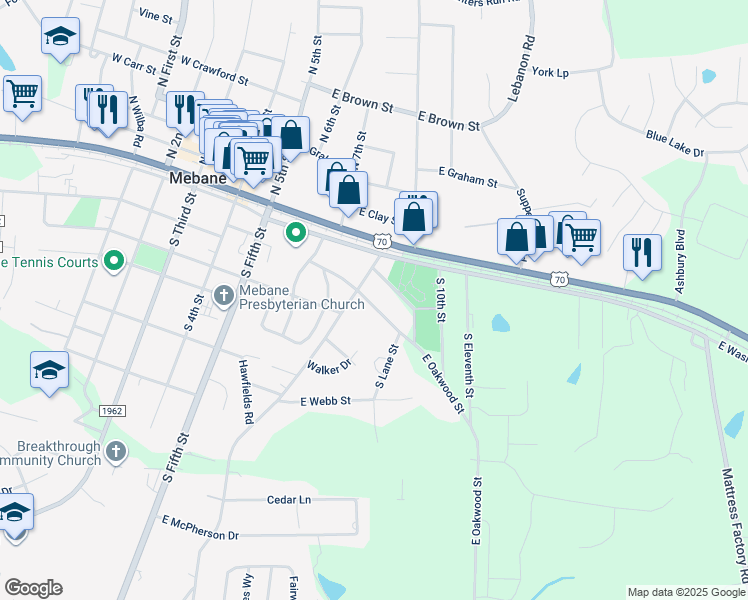 map of restaurants, bars, coffee shops, grocery stores, and more near 403 East Oakwood Street in Mebane