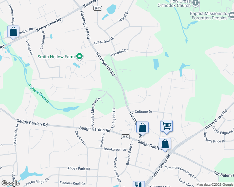 map of restaurants, bars, coffee shops, grocery stores, and more near 917 Spring Hill Court in Kernersville