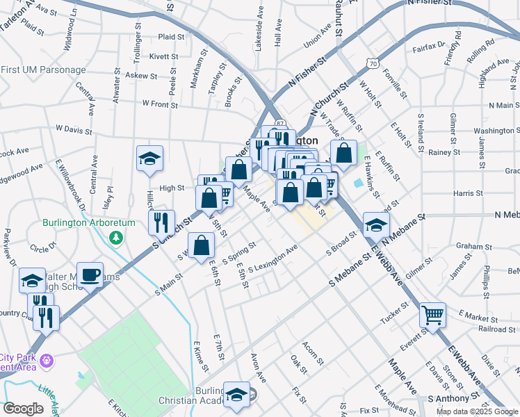 map of restaurants, bars, coffee shops, grocery stores, and more near 445 North Main Street in Burlington