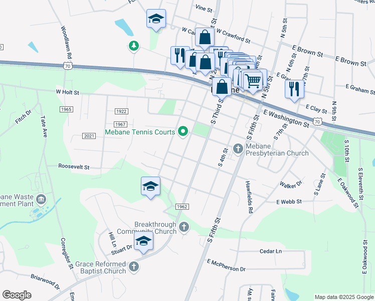 map of restaurants, bars, coffee shops, grocery stores, and more near 409 South 2nd Street in Mebane