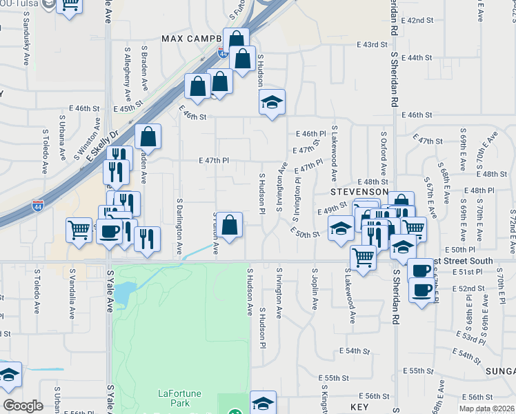 map of restaurants, bars, coffee shops, grocery stores, and more near 4756 South Hudson Place in Tulsa