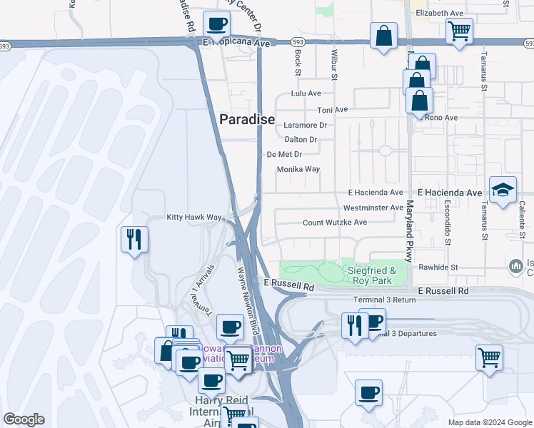 map of restaurants, bars, coffee shops, grocery stores, and more near 5346 South Swenson Street in Las Vegas