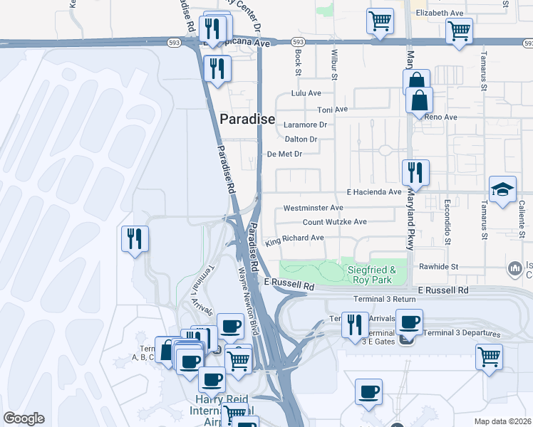 map of restaurants, bars, coffee shops, grocery stores, and more near 5358 South University Center Drive in Las Vegas