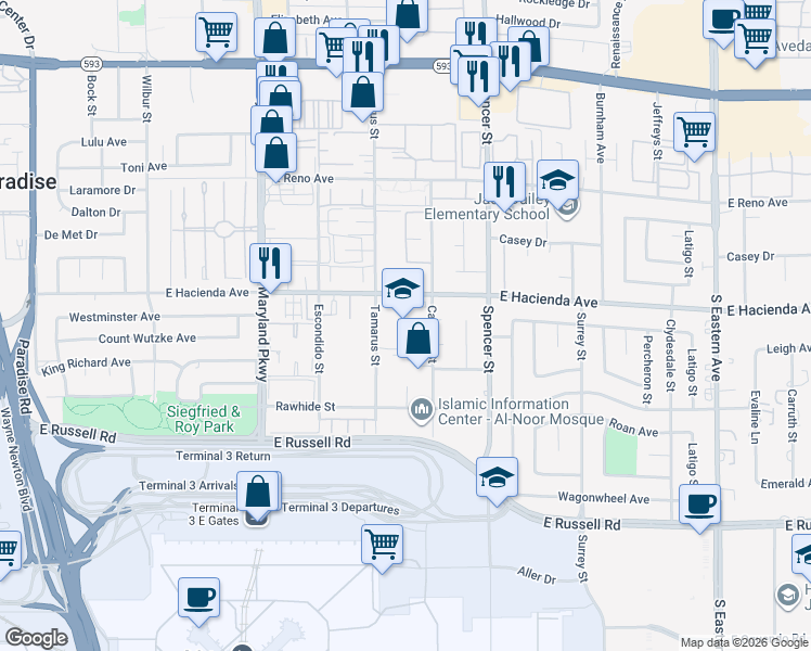 map of restaurants, bars, coffee shops, grocery stores, and more near 1555 East Hacienda Avenue in Las Vegas