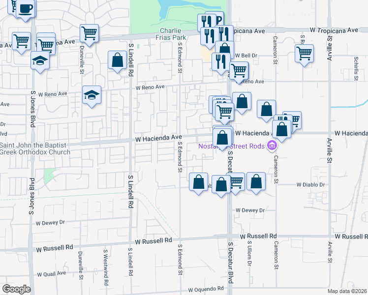 map of restaurants, bars, coffee shops, grocery stores, and more near 5055 West Hacienda Avenue in Las Vegas