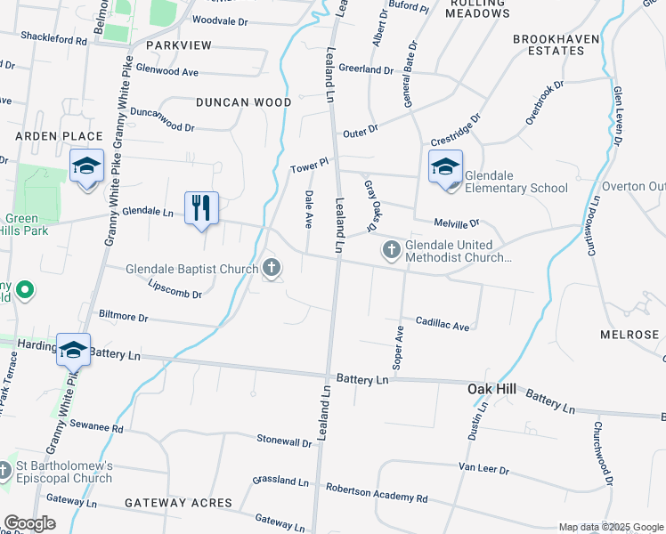 map of restaurants, bars, coffee shops, grocery stores, and more near 4322 Lealand Lane in Nashville