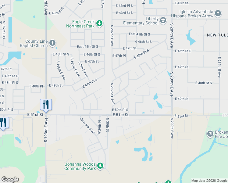 map of restaurants, bars, coffee shops, grocery stores, and more near 4949 South 202nd East Avenue in Broken Arrow