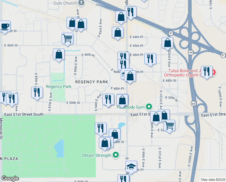 map of restaurants, bars, coffee shops, grocery stores, and more near 9410 East 48th Place in Tulsa