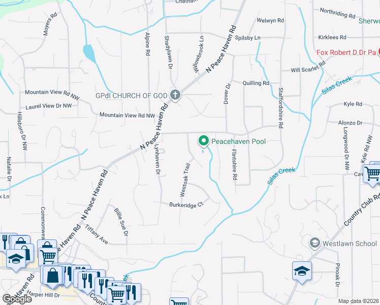 map of restaurants, bars, coffee shops, grocery stores, and more near Brentwood Court in Winston-Salem