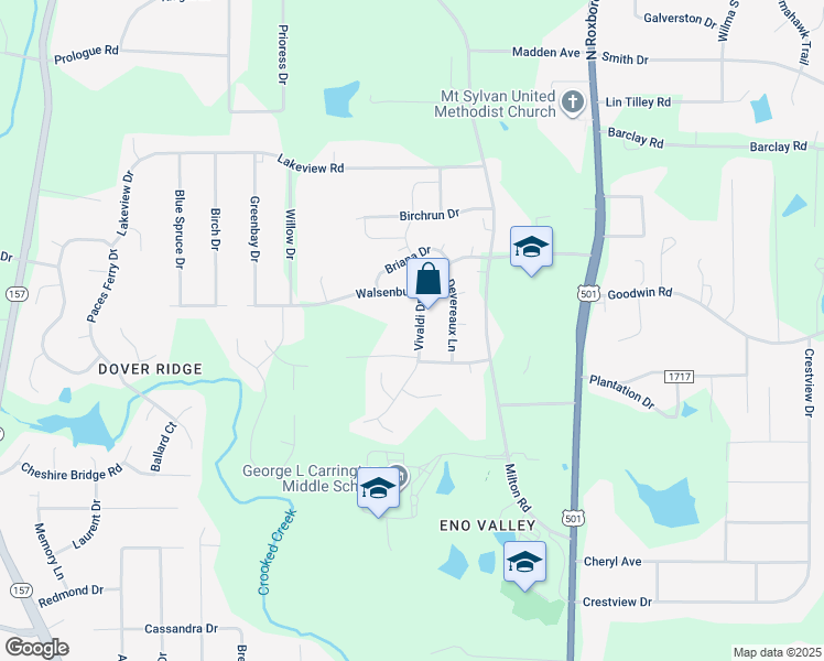 map of restaurants, bars, coffee shops, grocery stores, and more near 507 Vivaldi Drive in Durham