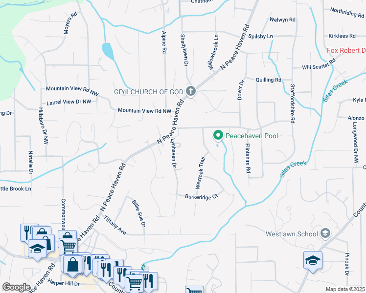 map of restaurants, bars, coffee shops, grocery stores, and more near 531 Lynhaven Court in Winston-Salem