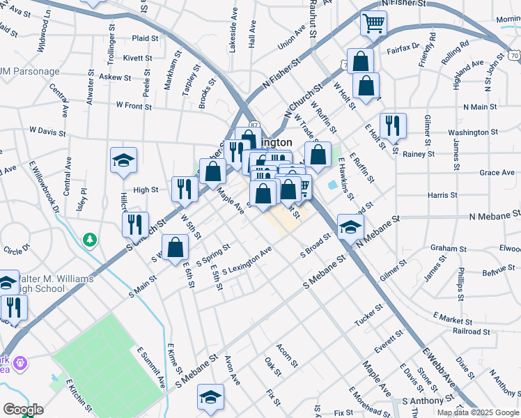 map of restaurants, bars, coffee shops, grocery stores, and more near 133 East Davis Street in Burlington