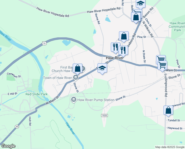 map of restaurants, bars, coffee shops, grocery stores, and more near 523 East Main Street in Haw River