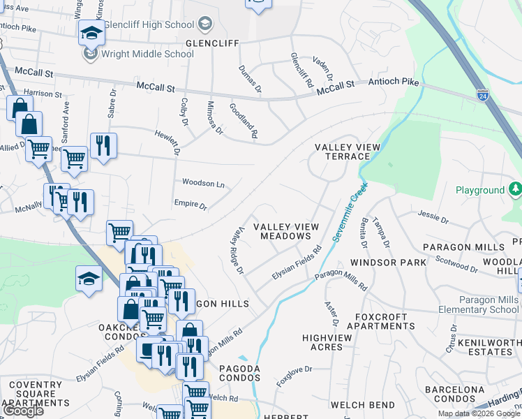 map of restaurants, bars, coffee shops, grocery stores, and more near 3731 Valley Ridge Drive in Nashville