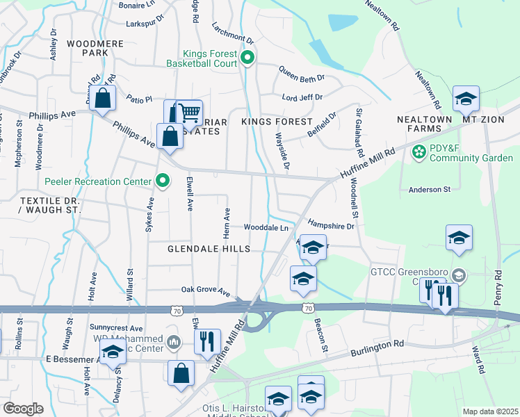 map of restaurants, bars, coffee shops, grocery stores, and more near 1218 Valley View Street in Greensboro