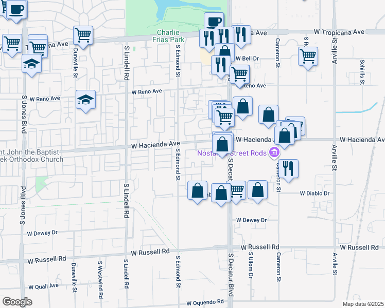 map of restaurants, bars, coffee shops, grocery stores, and more near 5055 West Hacienda Avenue in Las Vegas
