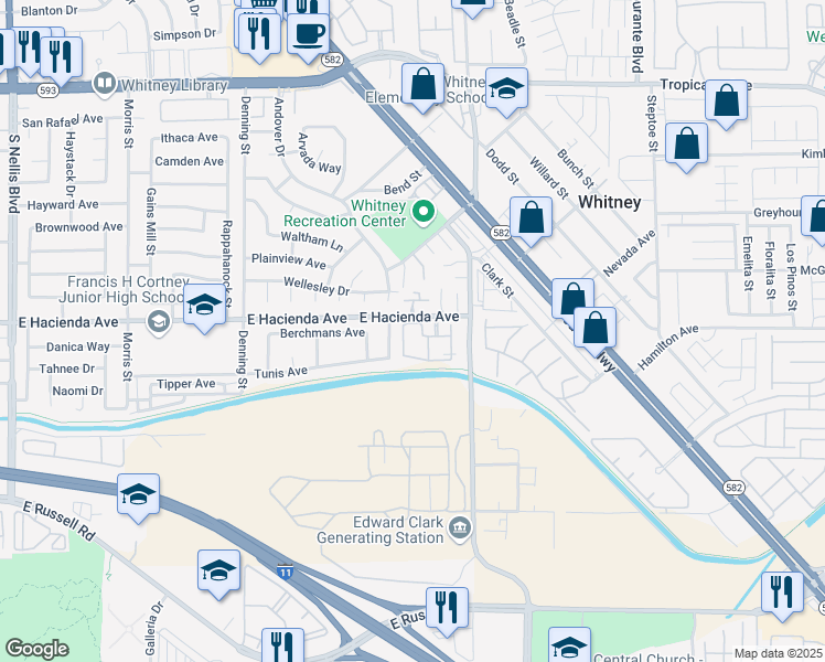 map of restaurants, bars, coffee shops, grocery stores, and more near 5751 East Hacienda Avenue in Las Vegas