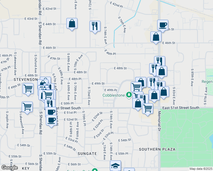 map of restaurants, bars, coffee shops, grocery stores, and more near 7426 East 49th Street in Tulsa