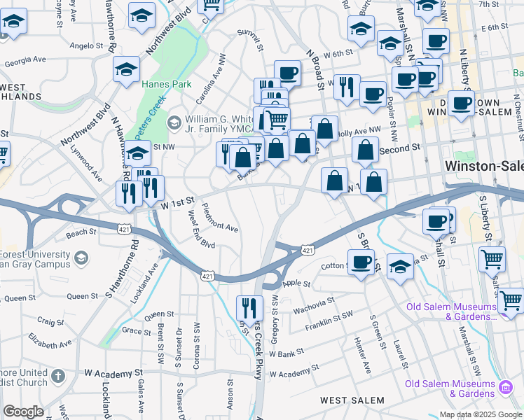 map of restaurants, bars, coffee shops, grocery stores, and more near 137 Westdale Avenue Northwest in Winston-Salem