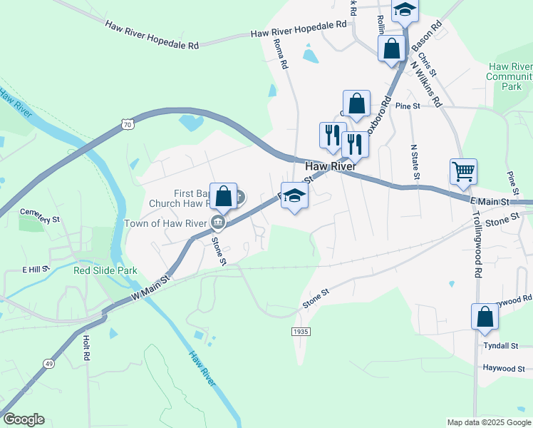 map of restaurants, bars, coffee shops, grocery stores, and more near 523 East Main Street in Haw River