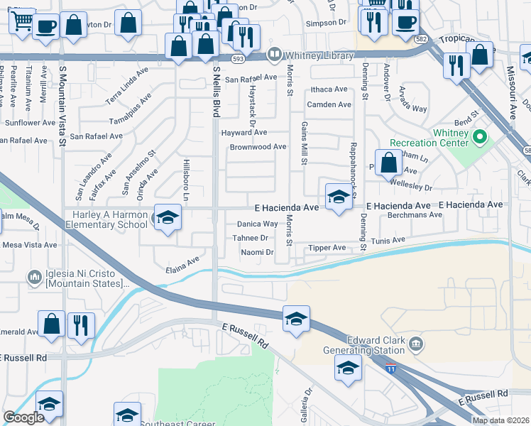 map of restaurants, bars, coffee shops, grocery stores, and more near 5150 East Hacienda Avenue in Las Vegas