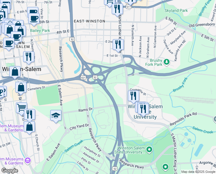 map of restaurants, bars, coffee shops, grocery stores, and more near 340 South Cleveland Avenue in Winston-Salem